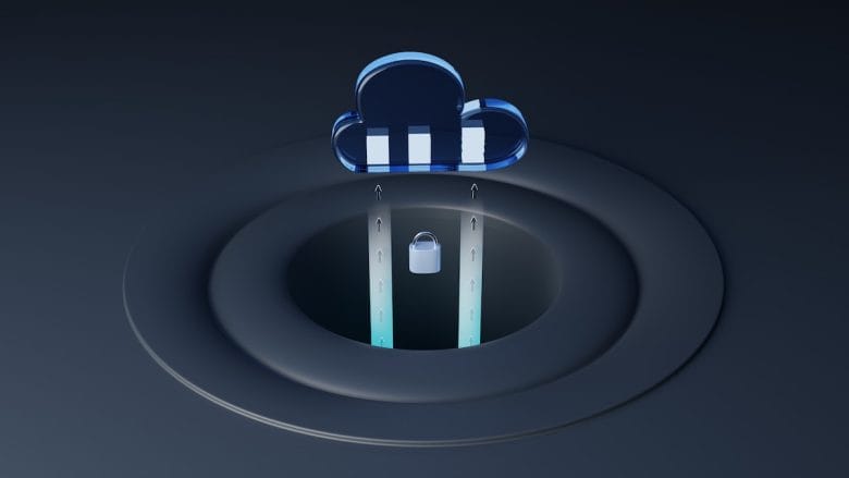 A blue cloud in a hole on a dark background transfetting data.