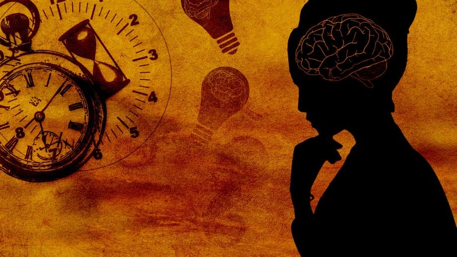 Silhouette of a person thinking, with brain outline visible, surrounded by clocks and lightbulbs on a textured orange background.