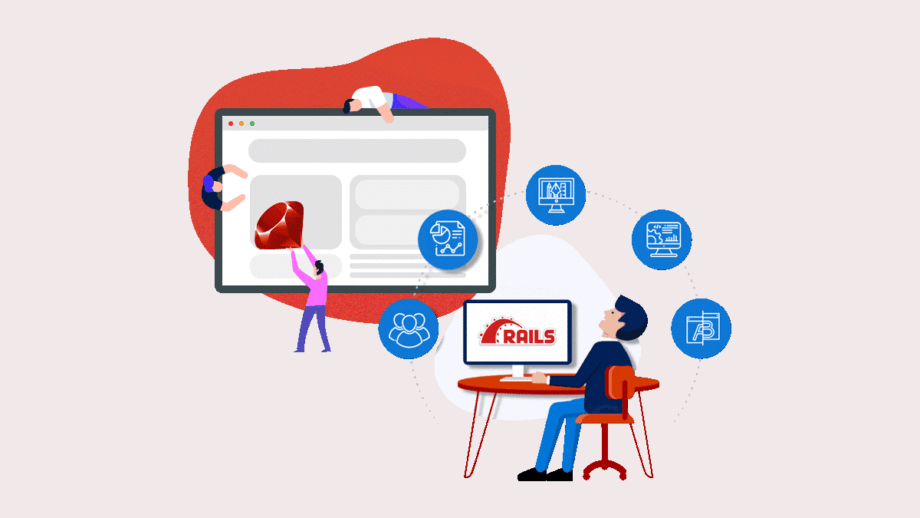 A group of people working on a computer with Ruby on Rails Web Development framework.