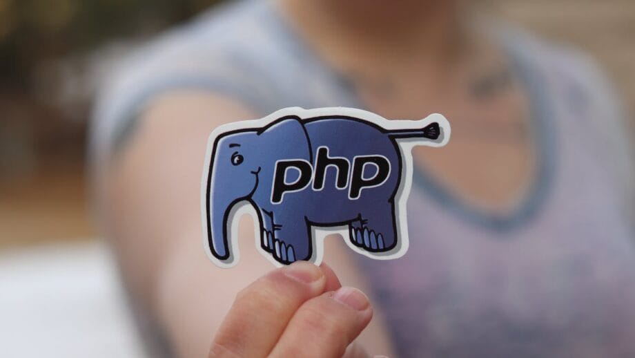 Person holding a blue sticker shaped like an elephant with "php" written on it.