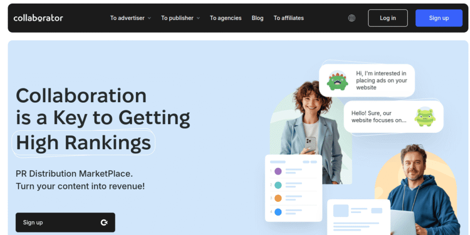 Collabrator website homepage featuring two people, dialogue bubbles, and text emphasizing collaboration as a strategy for high rankings.