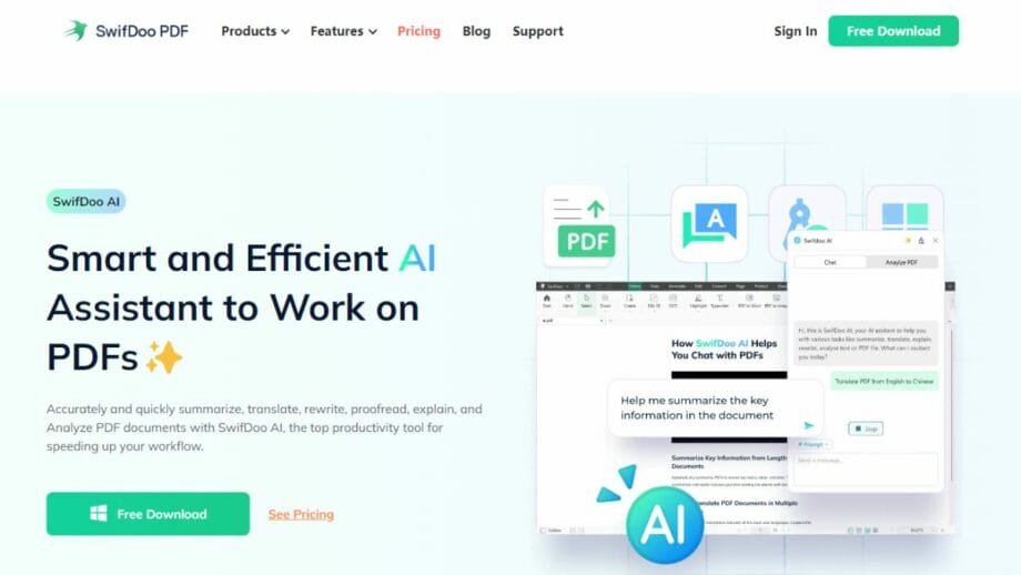 SwifDoo AI website screenshot: Analyze and chat with PDF documents.