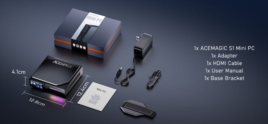 An ACEMAGIC S1 Mini PC and other accessories.