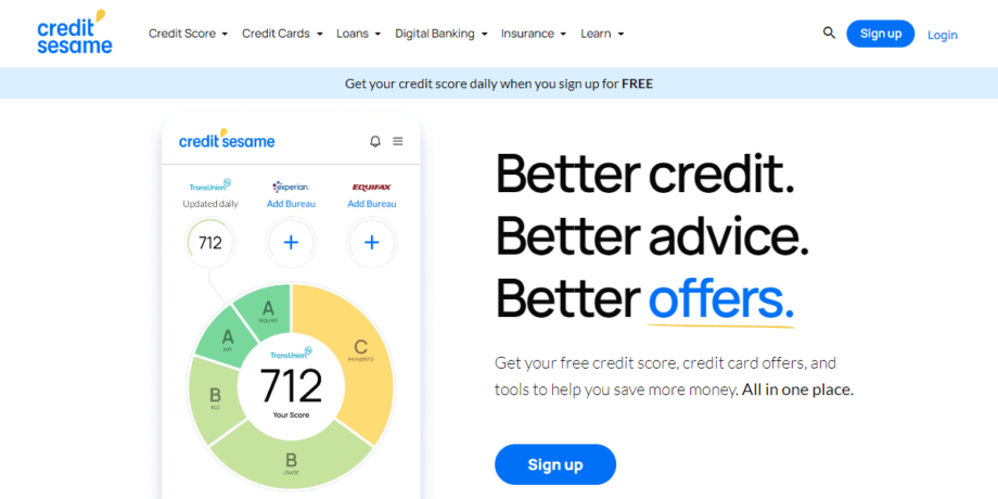 A screenshot of the Credit Sesame website.