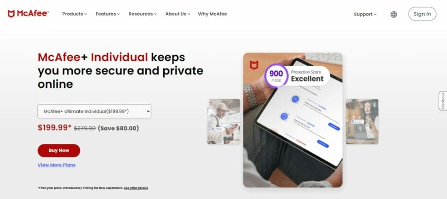 A screenshot of the McAfee website.