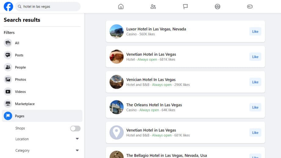 A screenshot of the facebook search page.