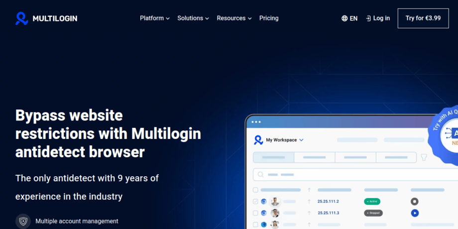 Multilogin webpage showing a promotion for an antidetect browser featuring multiple account management and mentioning nine years of industry experience.