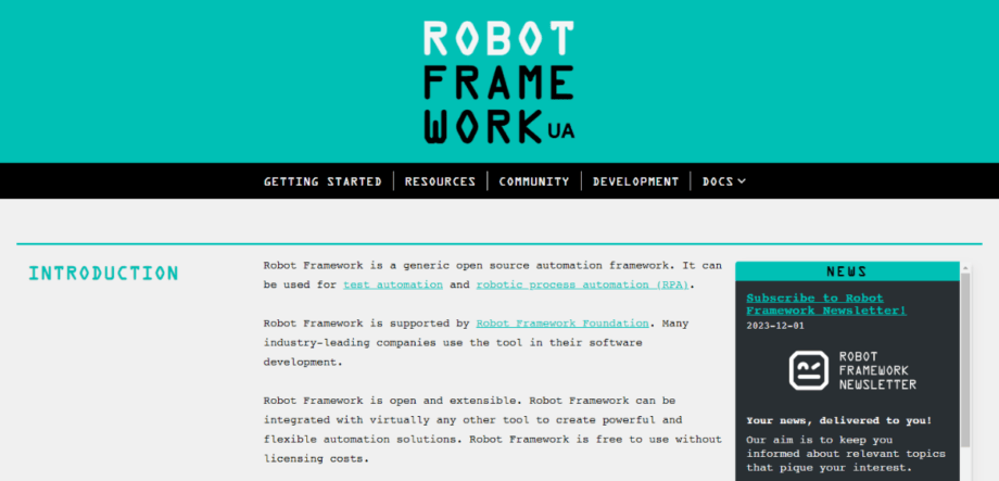 A screenshot of the Robot Framework website.