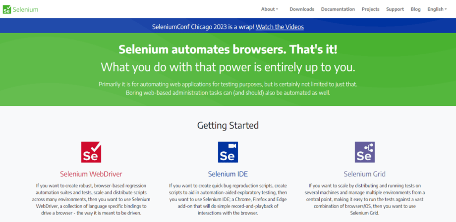 A screenshot of the Selenium website.
