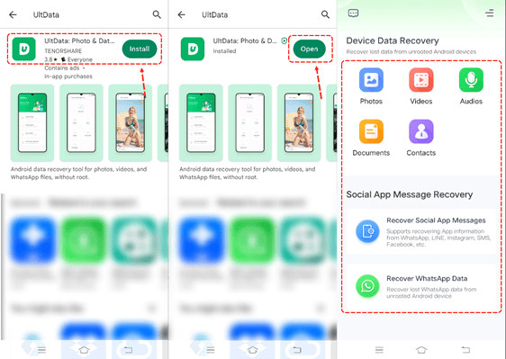 Screenshot of the UltData app on Google Play, showing install/open options and features like data recovery for photos, videos, audios, documents, and social app messages, including WhatsApp.