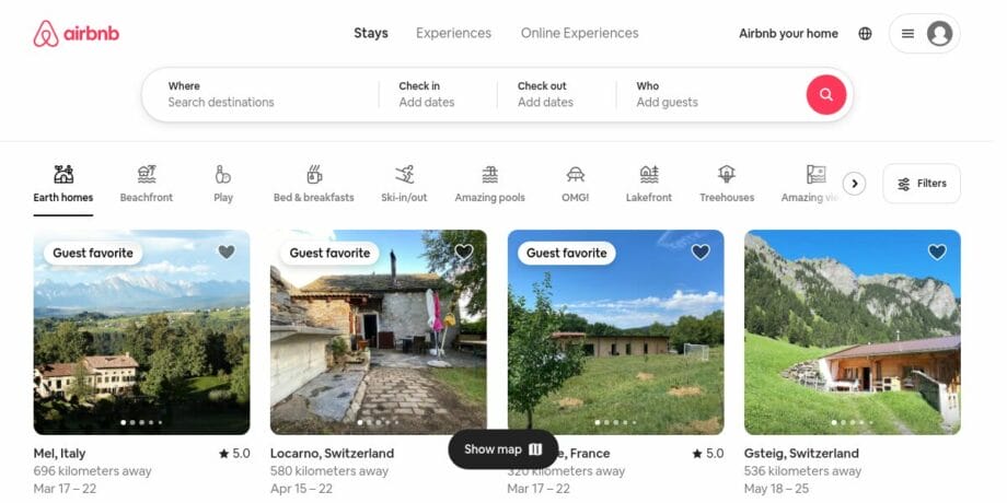 A screenshot of the Airbnb website.