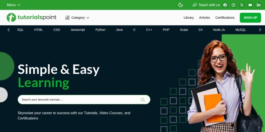 A screenshot from the Tutorialspoint website.