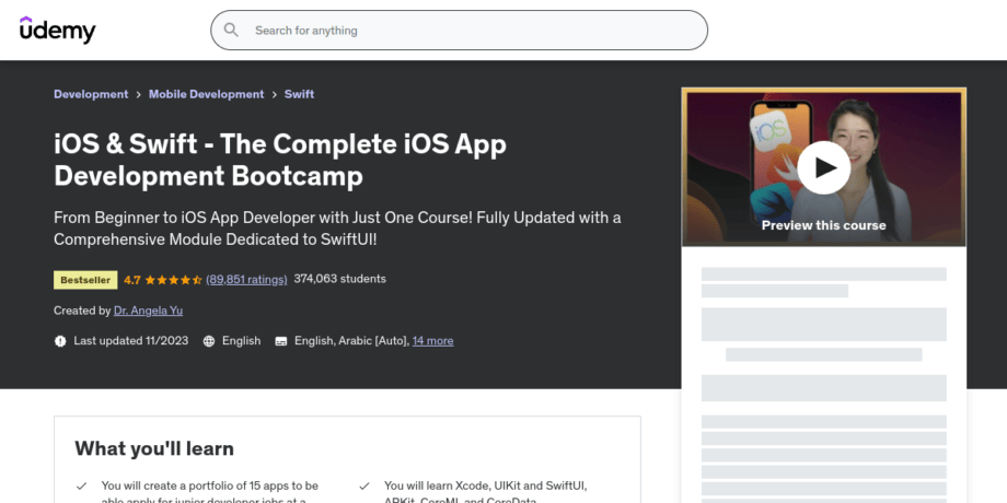 Udemy course landing page for "ios & swift - the complete ios app development bootcamp," featuring a 4.8-star rating, $10.99 price tag, and a preview screen with an instructor holding a colorful paper note with a smiley face.