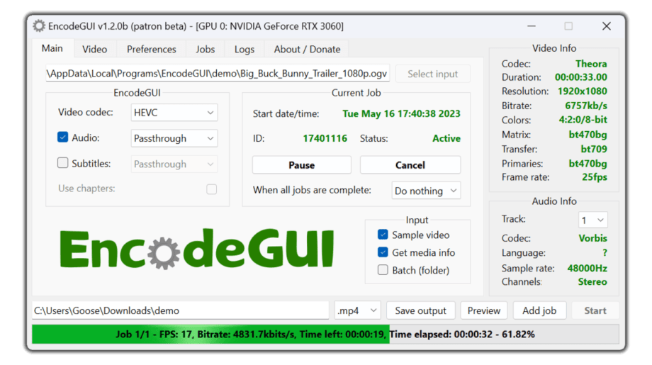 Screenshot of the EncodeGUI software interface.