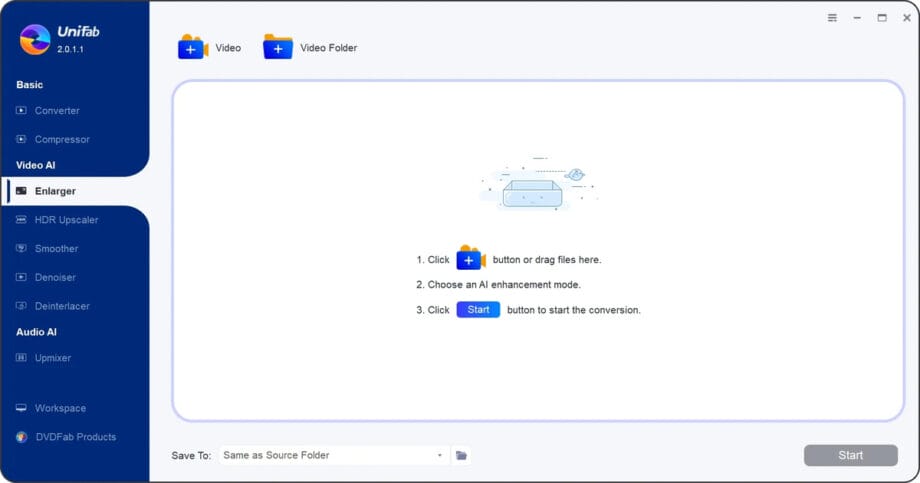 Screenshot of the UniFab AI video enhancer software interface.