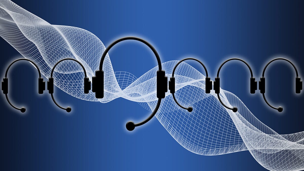 Abstract digital art featuring white wireframe waves and six black headphones with microphones, set against a deep blue background.