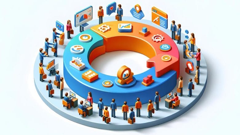 Illustration of a circular customer service setup with various stations and icons depicting tasks like email, chat, and analytics, surrounded by workers at each station in a coordinated pattern.