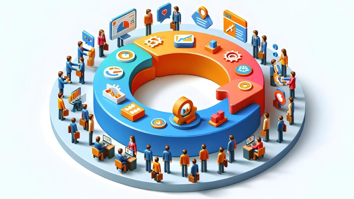 Illustration of a circular customer service setup with various stations and icons depicting tasks like email, chat, and analytics, surrounded by workers at each station in a coordinated pattern.
