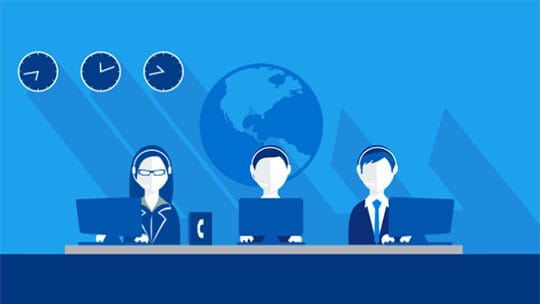 Illustration of three people working at desks with computers, wearing headsets, in front of a world map and three clocks indicating different time zones.