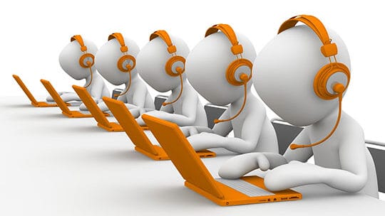 Illustration of five white humanoid figures wearing orange headsets and using laptops, depicting a call center or customer service environment.