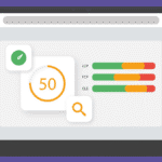 A laptop screen displays a web performance metrics interface showing a score of 50 and color-coded bars for LCP, FCP, and CLS.