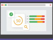 A laptop screen displays a web performance metrics interface showing a score of 50 and color-coded bars for LCP, FCP, and CLS.