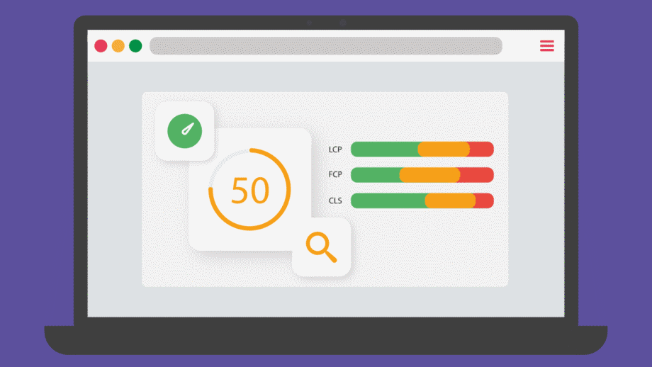 A laptop screen displays a web performance metrics interface showing a score of 50 and color-coded bars for LCP, FCP, and CLS.