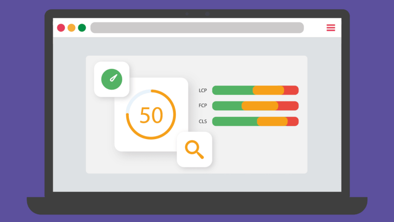 A laptop screen displays a web performance metrics interface showing a score of 50 and color-coded bars for LCP, FCP, and CLS.