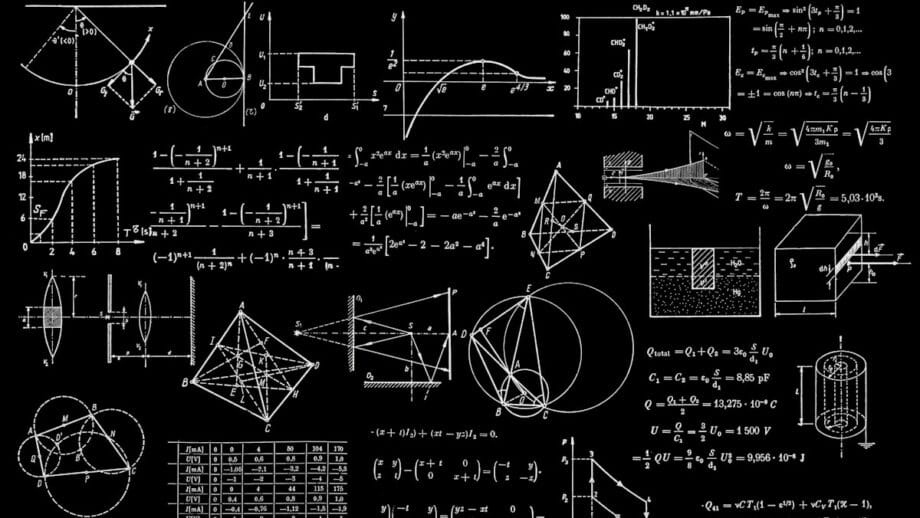 A blackboard filled with various mathematical formulas, equations, and geometric diagrams, illustrating concepts in algebra, calculus, and geometry.