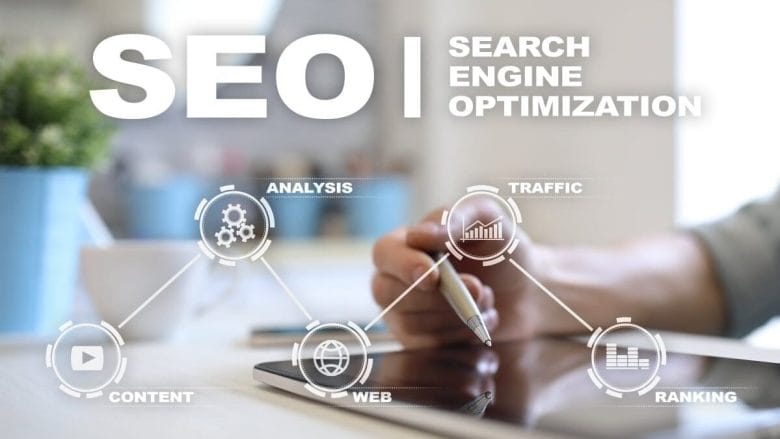 Person using a tablet with SEO concepts like content, analysis, web, traffic, and ranking displayed in a digital overlay. Text reads "SEO Search Engine Optimization.