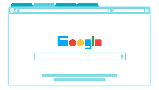 A graphic of a web browser window displaying the Google homepage with a search bar and logo.