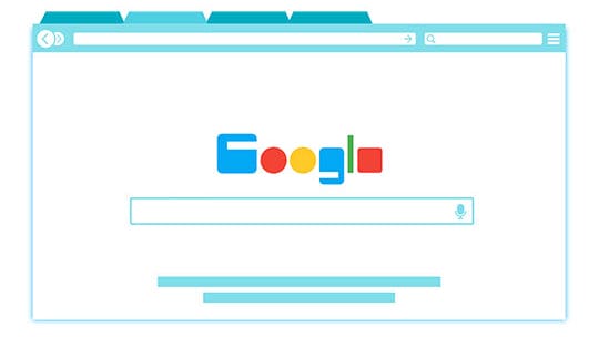 A graphic of a web browser window displaying the Google homepage with a search bar and logo.