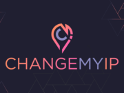 Logo for ChangeMyIP featuring a stylized location pin with a C and M, and the text CHANGEMYIP in gradient colors on a dark background with geometric lines.