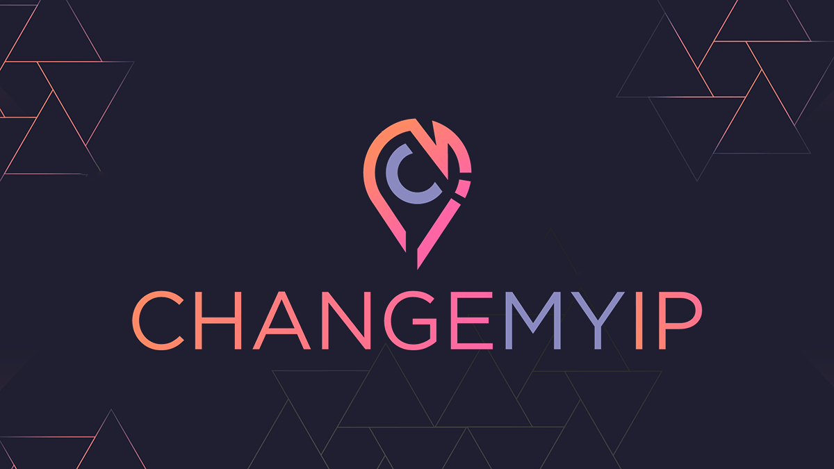 Logo for ChangeMyIP featuring a stylized location pin with a C and M, and the text CHANGEMYIP in gradient colors on a dark background with geometric lines.