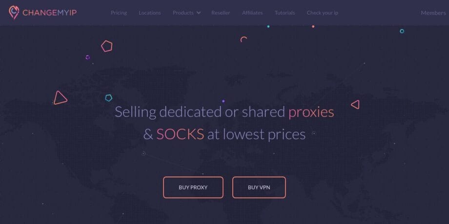 Website homepage for ChangeMyIP offering dedicated or shared proxies and SOCKS at low prices.