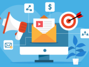 Illustration of digital marketing elements with a computer displaying an envelope, a megaphone, and icons for sharing, money, and targeting, alongside a plant in a pot.