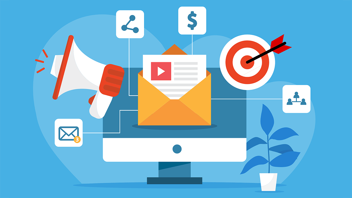 Illustration of digital marketing elements with a computer displaying an envelope, a megaphone, and icons for sharing, money, and targeting, alongside a plant in a pot.