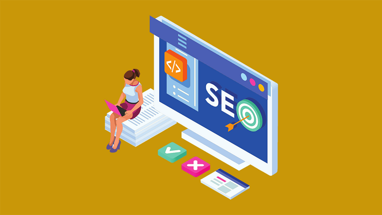 Illustration of a person sitting on stacked papers with a laptop, next to a large computer screen displaying SEO-related icons and text.