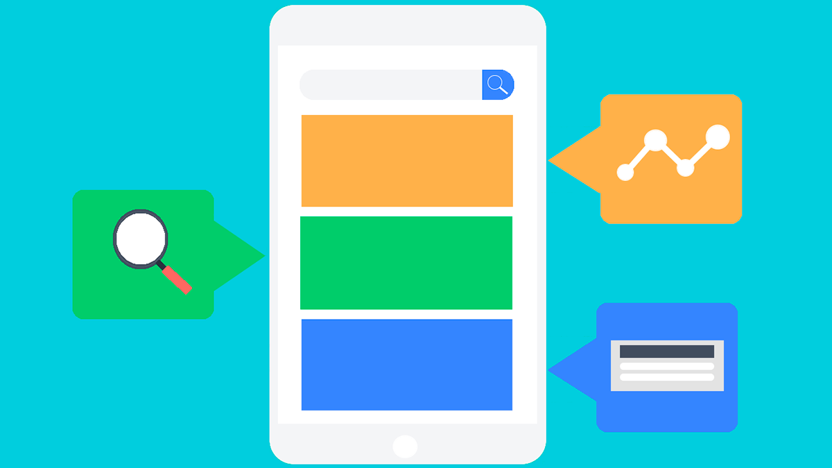 Illustration of a tablet with a search bar at the top and three colored sections. Three icons surround the tablet: a magnifying glass, a bar chart, and a form field.