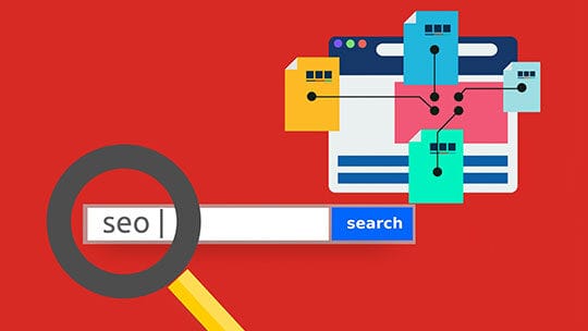 Illustration of an SEO search bar with a magnifying glass and a webpage structure diagram on a red background.