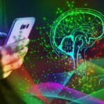 Person holding a smartphone, with a digital illustration of a brain and a head profile surrounded by colorful neural network lines, symbolizing the intersection of technology and artificial intelligence.