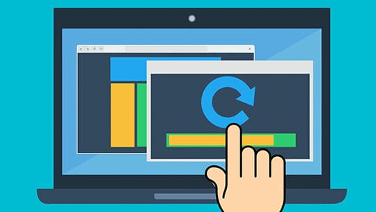 Illustration of a laptop screen showing a hand clicking on a software update icon, depicted by a circular arrow.