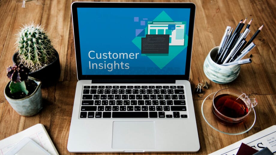 An open laptop displaying "Customer Insights" on a table with a small cactus, a mug of tea, a bowl of pens and pencils, and various documents.