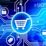 Illustration of e-commerce concept with a shopping cart icon in the center, surrounded by icons representing delivery, security, payment, and product tags, connected by digital circuitry.