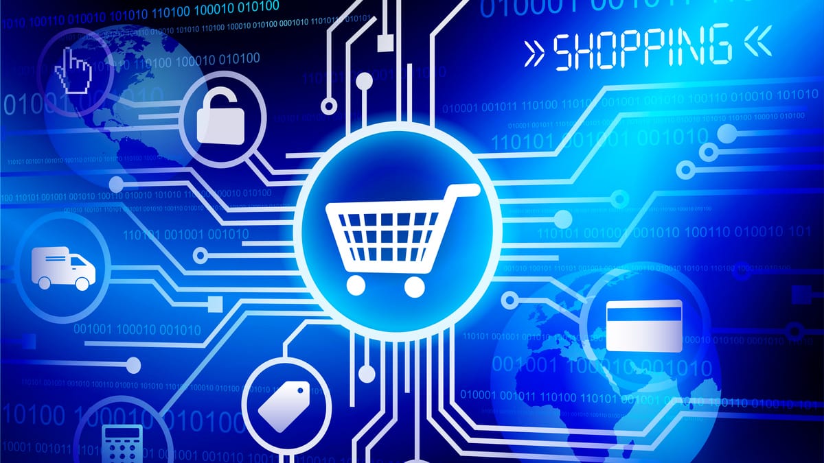 Illustration of e-commerce concept with a shopping cart icon in the center, surrounded by icons representing delivery, security, payment, and product tags, connected by digital circuitry.