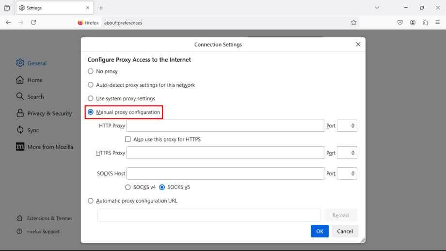 Firefox settings window showing the "Connection Settings" menu. The "Manual proxy configuration" option is selected, and HTTP Proxy, HTTPS Proxy, and SOCKS Host fields are visible but not filled in.