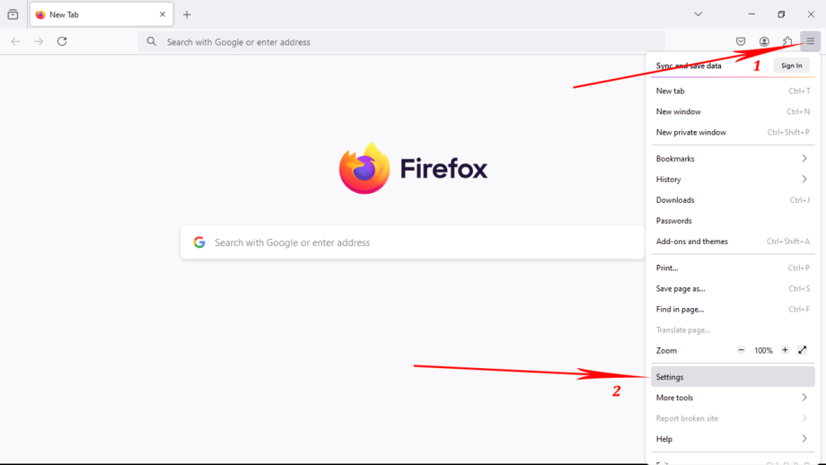 A Firefox browser window is open. The "Sign in" and "Settings" options in the top-right menu are highlighted with arrows and numbers 1 and 2, respectively.