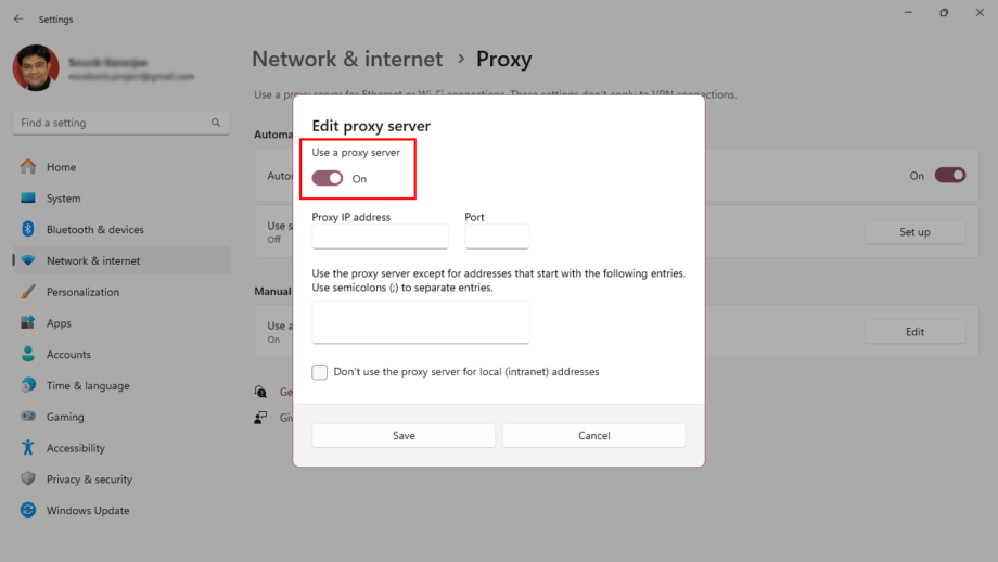 A screenshot of the Windows "Proxy" settings window, highlighting the "Edit proxy server" option. The "Use a proxy server" toggle is switched to "On.