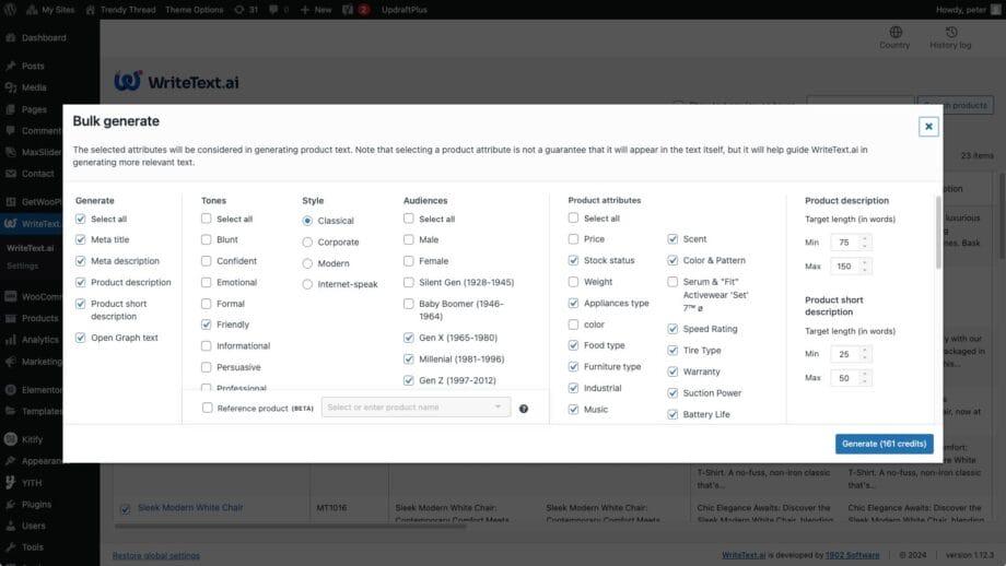 Screenshot of WriteText.ai application displaying a "Bulk generate" product description interface with multiple selectable options for style, audiences, and product attributes.