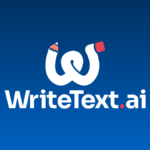 Logo with a stylized "W" resembling a pencil and an eraser, followed by "WriteText.ai" in white text on a blue background.